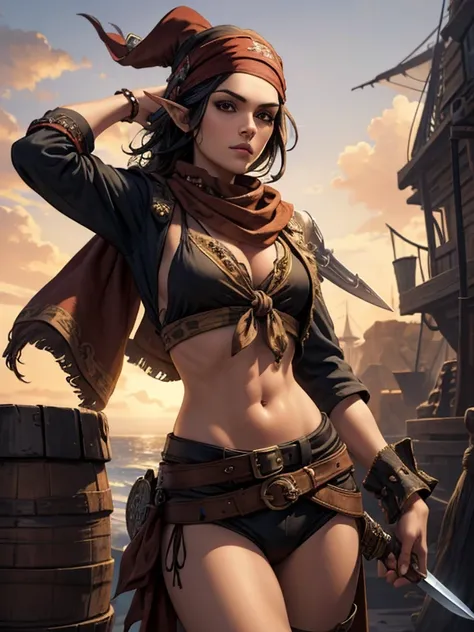 Masterpiece, digital artwork, cowboy shot, A pirate elf lady , just a random scallywag, black tied hair, brown eyes, with a sword, highly detailed, intricately detailed, navel, waist, (pirate bandana:1.2)