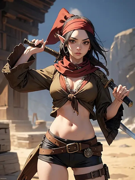 masterpiece, digital artwork, cowboy shot, a pirate elf lady , just a random scallywag, black tied hair, brown eyes, with a swor...