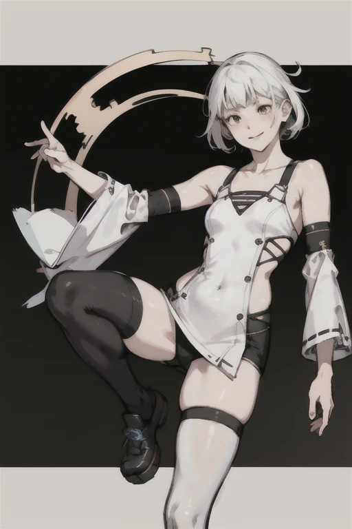 (High resolution), (Ultra delicate), (clear), Realistic，white hair girl.（Black knee-high socks with white lines），face，Skin realism、High jumps、かわいい笑face、hilarious pose
