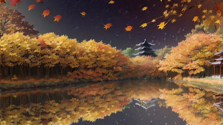 ((((night situation:1.5)))), An illustration of the scenery of Autumn leaves are drawn in a double layer by specular reflection. of Korin-in, Daitokuji Temple. At night, Very detailed, super sharp, digital illustration, place: Daitokuji Temple香林院の部屋 時間: Au...