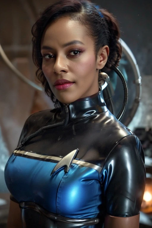 Black woman wearing blue sttldunf uniform,veins,borg,eyepatch,cable,luma,rosalina,detailed face,detailed eyes,detailed lips,metal texture,sci-fi,glowing lights
jamesdaly artstyle,