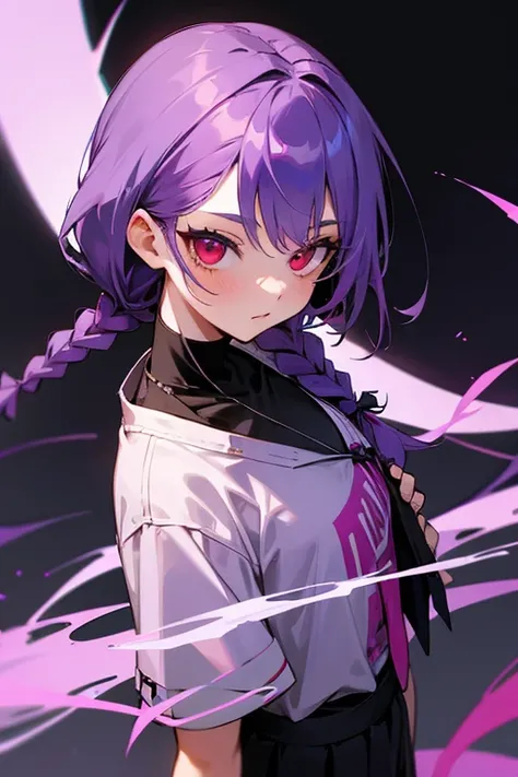 1girl, black lilac hair tied in two braids, red eyes, casual clothes