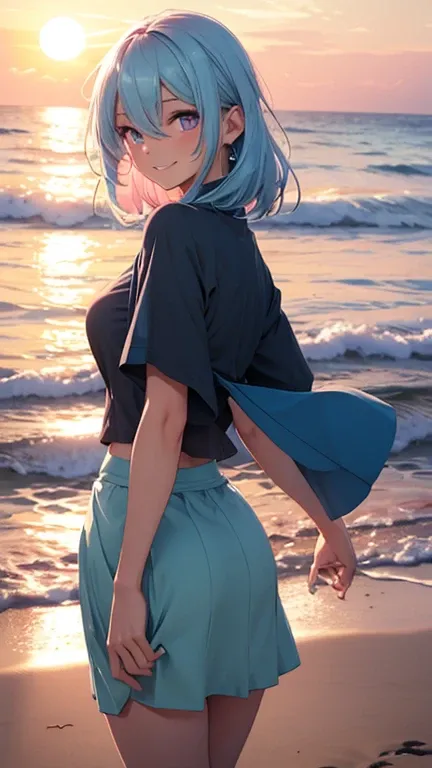 A beautiful woman on a sunset beach, looking back at the viewer, light blue hair, pink eyes, light vibrant green skirt, modest, sly smile, happy, gentle waves