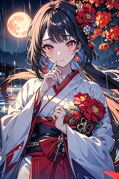 1 person female,Masterpiece,detailed body,Detailed facial expressions,Beautiful Face,A profusion of flowers,Flowers falling,Alluring,sex appeal,Japanese style,rain,(Big red full moon)