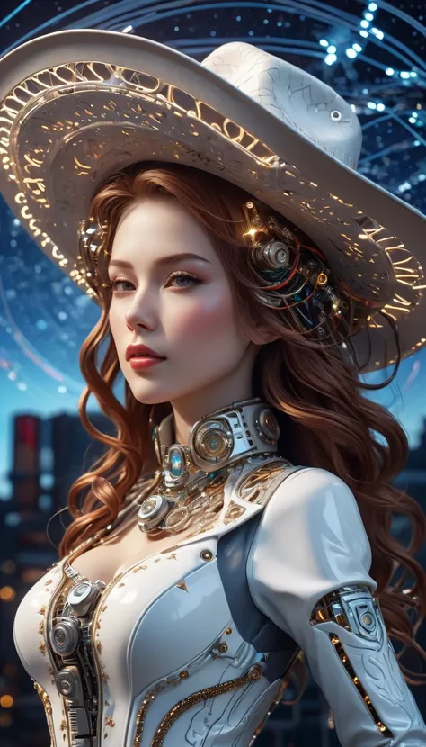 Complex 3D rendering ,Beautiful porcelain contoured mechanical Cowboy, cyborg, integrated circuit parts, Cowboy hat, rim light, Vibrant details, Luxury Cyberpunk, lace, hyperactual, anatomical, cable wires, microchip, elegant, beautiful Starry Sky backgrou...