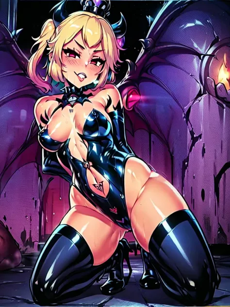 nsfw, cartoon, (solo evil fall princess peach), shadow queen, bowser peach, hellraiser outfit, (official art:1.4), amazing fine details, all intricate, gloss and shiny, awesome many layers, 8k wall paper, sketch, illustration, weird hair, boots, high heel ...