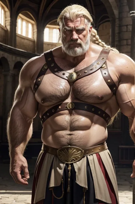  A full body blonde Germanic gladiator from Imperial Rome standing a sweaty old man with blonde and gray hair in braids extremely muscular and extremely fat over 70 years old weighing over 600 pounds with extremely large sagging pecs and very muscular and ...