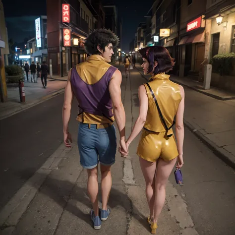 (masterpiece, best quality:1.2), 1boy and 1girl, spike spiegel, faye valentine, from above, from behind, they are walking togeth...