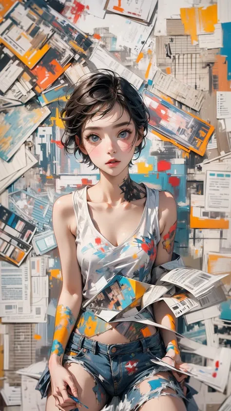 (masterpiece, High resolution, highest quality), Composition from head to thighs:1.3, Upper body focus, 20-year-old woman, Asymmetrical short hair, Disorganized, Paper and paint collage, abstract design, artistic juxtapositions, mixed-media approach, Digit...