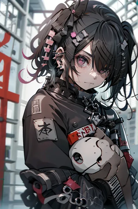 teddy bear、teddy bear、🧸、Black Hair、side ponytail、kung fu、kick、kung fu、Blood splatter、cadaver、morning、Gothic Punk、Earrings、hair ornaments、Black Hairの、pink and black colors、ponytail、Black Pink Shirt、、Black shorts、Blunt bangs、Photorealistic, High resolution, ...