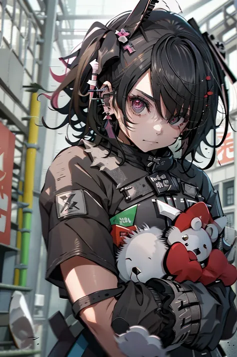 teddy bear、teddy bear、🧸、Black Hair、side ponytail、kung fu、kick、kung fu、Blood splatter、cadaver、morning、Gothic Punk、Earrings、hair ornaments、Black Hairの、pink and black colors、ponytail、Black Pink Shirt、、Black shorts、Blunt bangs、Photorealistic, High resolution, ...