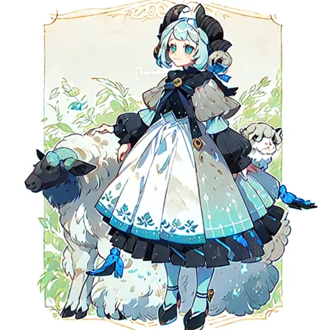 natural blue sheep, a blue sheep style girl stands next to a blue sheep, petting sheep, young girl, female sheep, excited face, ...