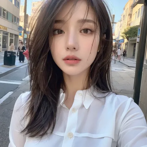 ((Best Quality, 8K, Masterpiece: 1.3)), Pure Girl: 1.2, (whole body:1.2), Perfect Body Beauty: 1.4, Slim Abs: 1.2, ((Layered Hairstyle: 1.2)), (Wet White Button Long Shirt: 1.1), (Street: 1.2), Highly detailed face and skin texture, detailed eyes, double e...