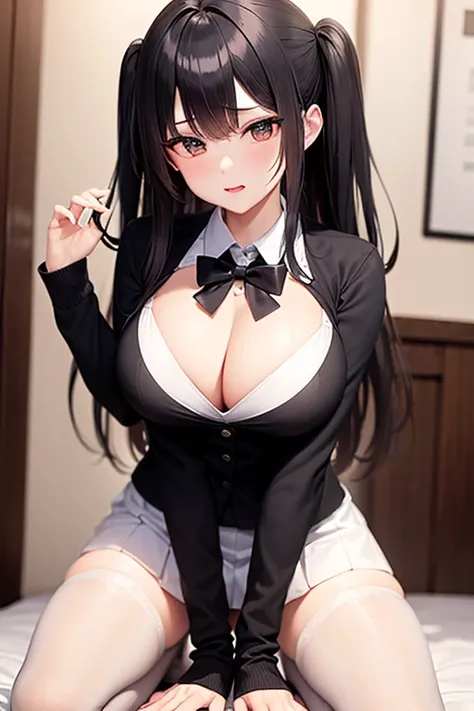 black rabbit girl uniform, short skirt, big breasts , white silk stocking , projecting the breasts , sexy, cleavage, kneeling