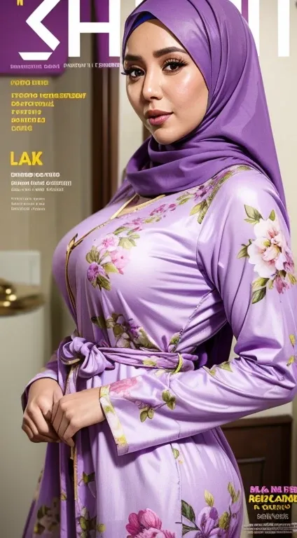 magazine cover, floral pattern print baju kurung, lilac color, side chest, ( long sleeve:1.2), ,from the side, hijab, small brea...