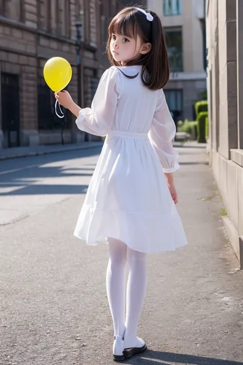 ((holding a ballon)), (((full body))), real photo, 10 years old girl, Brat female , ((looking back at me)), white tights wear, dress shoes,