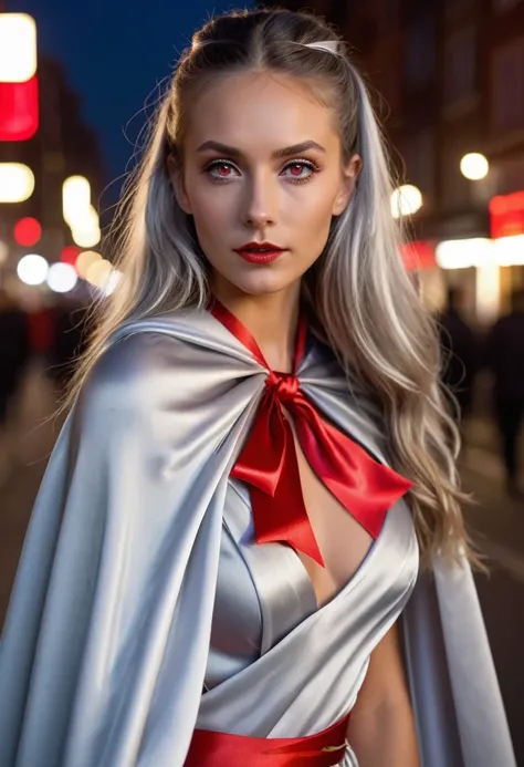 (RAW Photo) , (highly detailed:1.20) , ultra realistic :1.10) ,sexy girl in her 20s , (perfect face:1.20) , (detailed red eyes:1.20) , with long silver hair in ponytail , (((long silver satin cape tied at the neck with a ribbon :1.20))) , naked  , full bod...