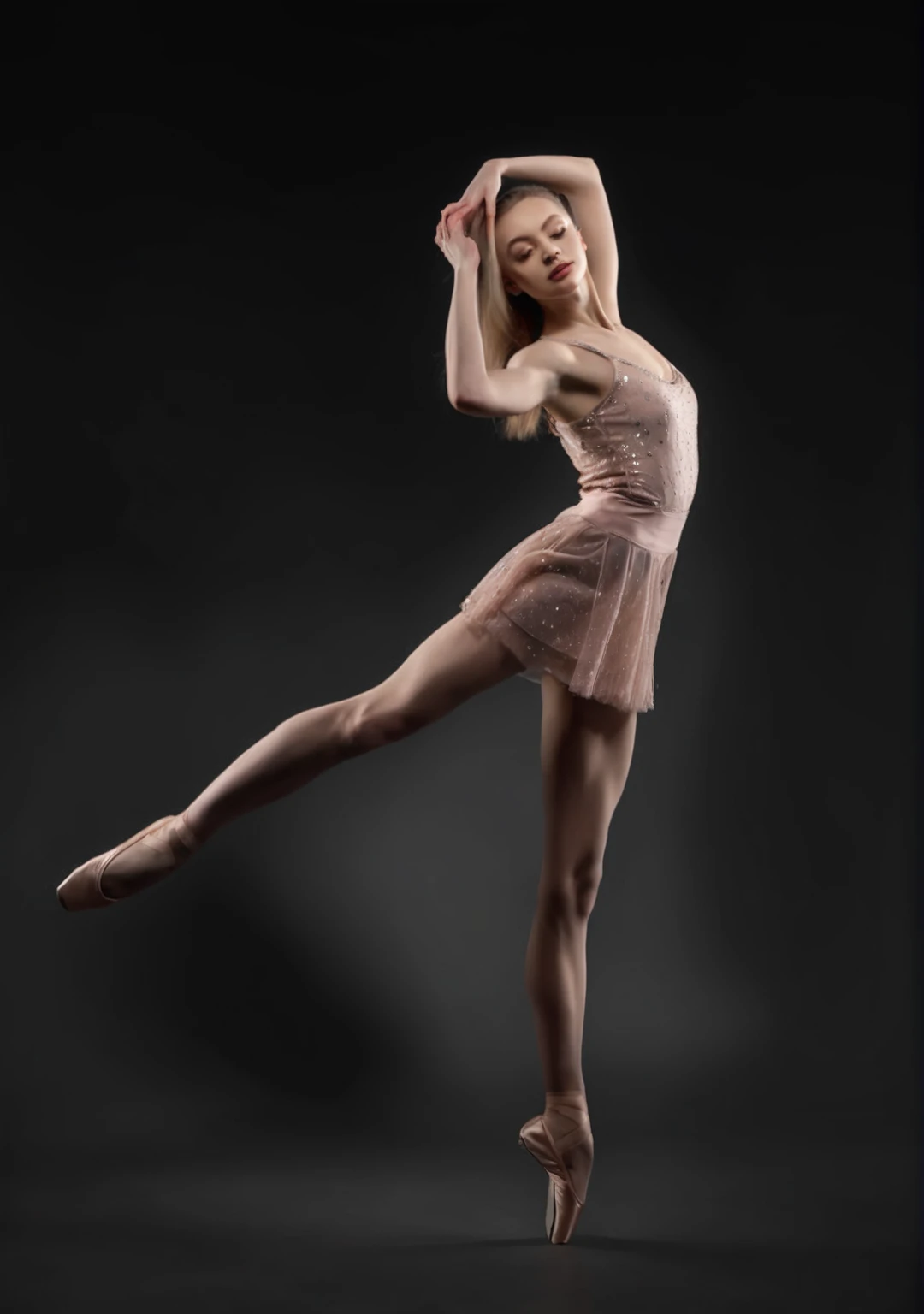 one((The woman&#39;s facial features are delicate and beautiful like a model))Beautiful woman in short skirt is dancing ballet((best quality、masterpiece、Ultra-high resolution)), The dancer assumes a posture where the left foot is on tiptoe and the right fo...