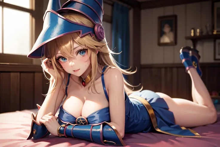 master piece,best quality,ultra detailed,8k,
ambient light,realistic skin,glossy skin,
（dark magician girl, duel monster, blush stickers, blonde hair, green eyes, long hair, breasts, blush, bangs, large breasts, hair between eyes, pentacle, pentagram, hat,...