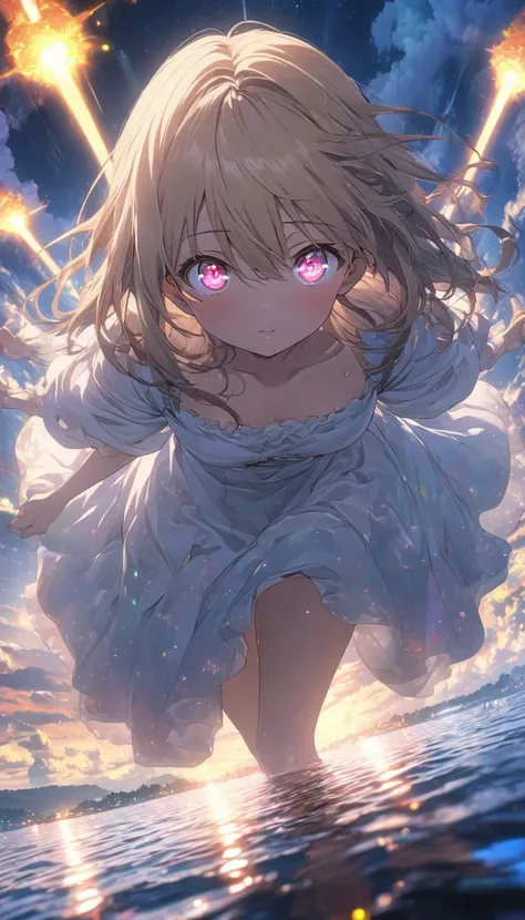 (highest quality、masterpiece、High resolution、Detailed)､(Shining eyes、Detailed美しい顔)､anime, BREAK,1 girl, eye, close, Beautiful night sky, Meteors, beyond the clouds, Surrounded by water, reflection, Wide Angel, breathtaking clouds, Wide-angle, animeスタイル, HD...