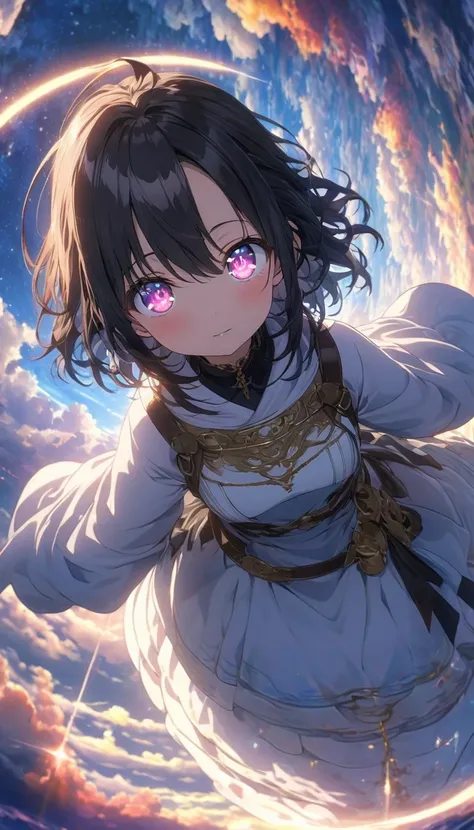 (highest quality、masterpiece、High resolution、Detailed)､(Shining eyes、Detailed美しい顔)､anime, BREAK,1 girl, eye, close, Beautiful night sky, Meteors, beyond the clouds, Surrounded by water, reflection, Wide Angel, breathtaking clouds, Wide-angle, animeスタイル, HD...