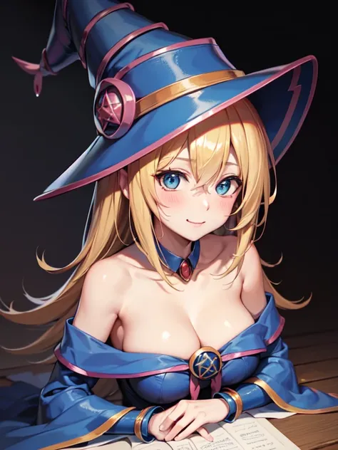 master piece,best quality,ultra detailed,8k,
ambient light,realistic skin,glossy skin,
（dark magician girl, duel monster, blush stickers, blonde hair, green eyes, long hair, breasts, blush, bangs, large breasts, hair between eyes, pentacle, pentagram, hat,...