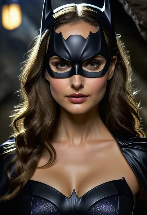 photo of beautiful Natalie Portman as Batgirl, no cowl, no ears, large breasts, in the Bat Cave, full length shot, modelshoot style, (extremely detailed CG unity 8k wallpaper), professional majestic (photography by Steve McCurry), 8k uhd, dslr, soft lighti...