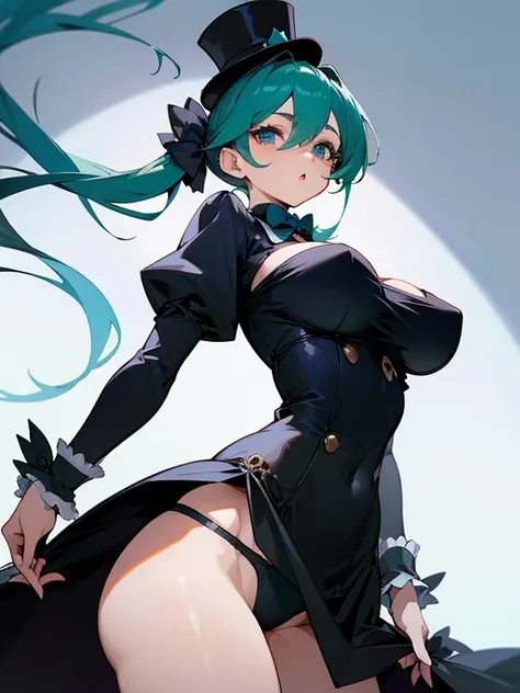 1 girl, whole body, Character Design, Green thin twin tails,,,Black Mini Top Hat, blue eyes, Sexy outfit like black underwear, Big and ample breasts, high quality, Wide Shot, Magic Cafe detailed background