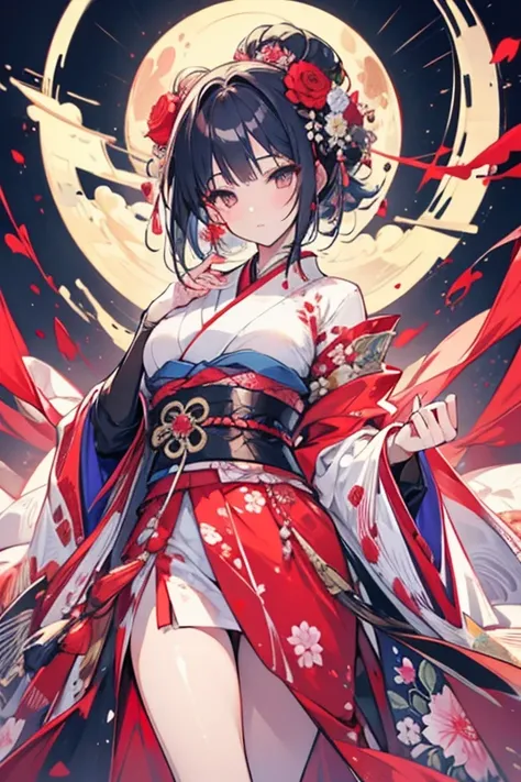 1 person female,Masterpiece,detailed body,Detailed facial expressions,Beautiful Face,A profusion of flowers,Flowers falling,Alluring,sex appeal,Japanese style,(Big red full moon)