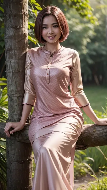 (high quality), (masterpiece), (high-resolution), original, extremely detailed 8K wallpaper, (an extremely delicate), a young girl 15 years old Malay, short pink hair bob cut, wearing baju kurung ((baju kurung: 1.6)) with a flat chest breasts, Malay hot mo...