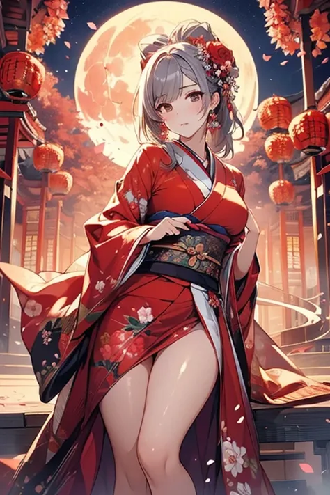 1 person female,Masterpiece,detailed body,Detailed facial expressions,Beautiful Face,A profusion of flowers,Flowers falling,Alluring,sex appeal,Japanese style,(Big red full moon)