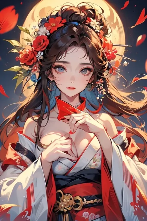 1 person female,Masterpiece,detailed body,Detailed facial expressions,Beautiful Face,A profusion of flowers,Flowers falling,Alluring,sex appeal,Japanese style,(Big red full moon)