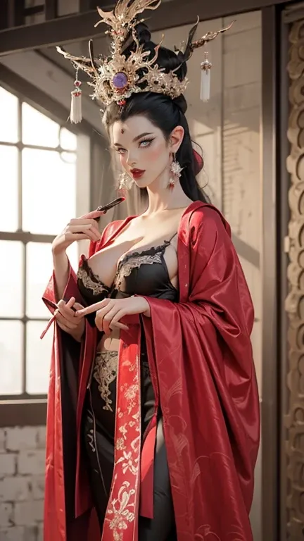 Wearing dreamy Hanfu。Tight，High heel。Breast protrusion。Breasts are larger than the torso。Perfect body，Supermodel。 Leg ring。good facial features。high quality faces。Sexy Lingerie。The Ultimate Body。Smooth and delicate skin。Exquisite facial features。prostitute...