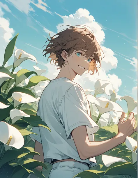 1 guy, aquamarine eyes, brown hair, short hair, upper body, beautiful hands, standing in the garden, Calla Captain Ventura white, wind, wearing a white T-shirt and white shorts, day, beautiful sky, clouds, smile, happy, gentle tones,