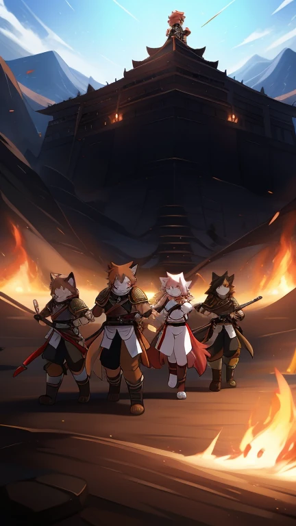 army of anthropomorphic cats in kemono style, they wear samurai armor, in a large desert, carry black flags, with a painted minimalist red cat and swords, march towards the camera on foot, walk organized in lines, their commander is in the middle highlight...