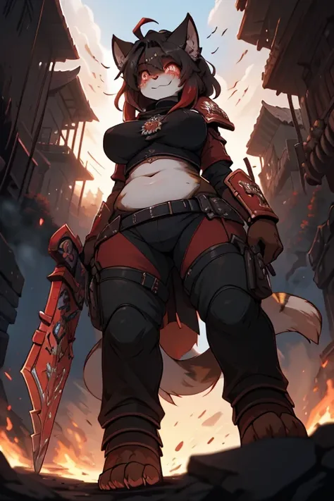 Female Furry cat+red eyes black hair with red-scarlet tips of hair tall, a little plump+ in black knights armor face covered in blood face gloomy and serious+in the forest, one fire, dead demons lie on the ground+smoke from the fire+anime, 
bbw, Female, On...