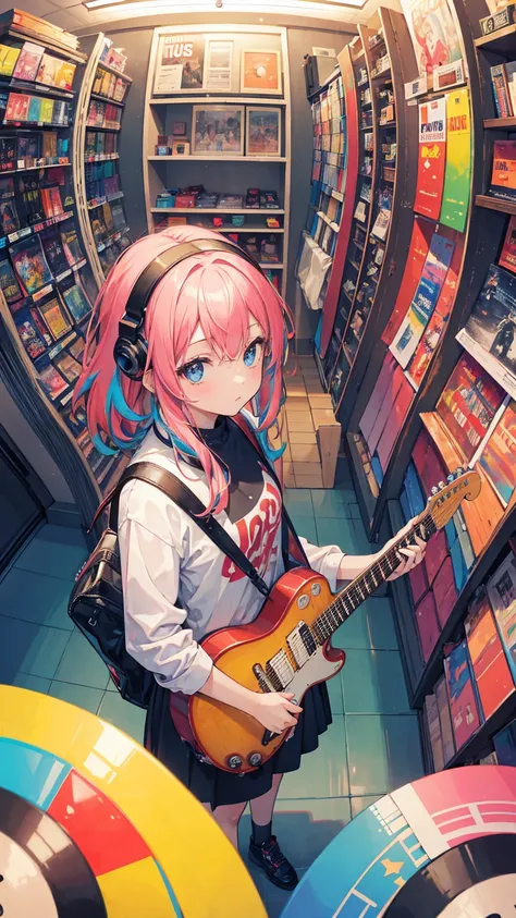 (masterpiece, best quality), (colorful:1.4), from above, solo, 1girl standing in a music store with lots of instruments on the racks and a bag of vinyl records, depth of field, fisheye lens