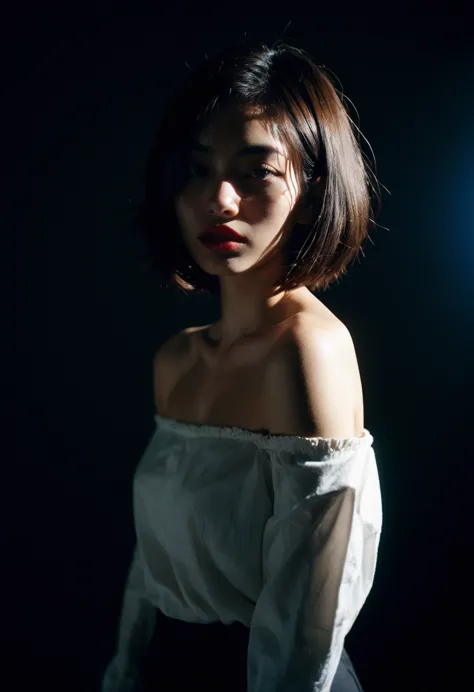 one girl , dirty, off the shoulder, oversized pants sexy bob cut, 
shadow dramatic lighting detailed skin
(praise, analog, film ...