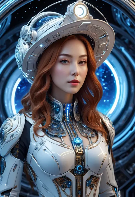 Complex 3D rendering ,Beautiful porcelain contoured mechanical Cowboy on spaceship, cyborg, integrated circuit parts, Cowboy hat, rim light, Vibrant details, Luxury Cyberpunk, lace, hyperactual, anatomical, cable wires, microchip, elegant, Starry Sky, Insi...