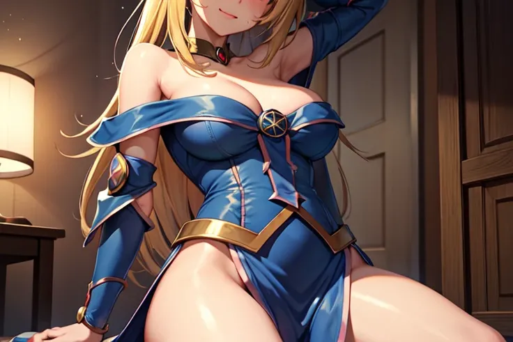 master piece,best quality,ultra detailed,8k,
ambient light,realistic skin,glossy skin,break、
（dark magician girl, duel monster, blush stickers, blonde hair, green eyes, long hair, breasts, blush, bangs, large breasts, hair between eyes, pentacle, pentagram...