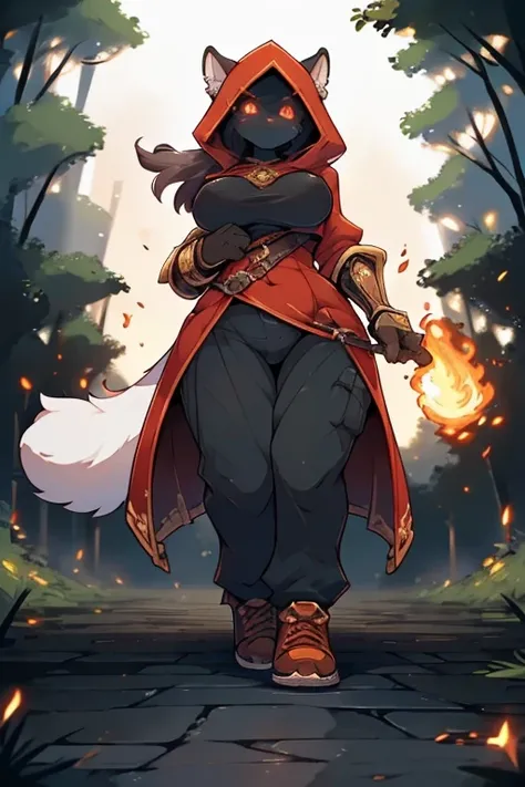 Female Furry cat+red eyes black hair with red-scarlet tips of hair tall, a little plump+ in black knights armor face covered in blood face gloomy and serious+in the forest, one fire, dead demons lie on the ground+smoke from the fire+anime, 
bbw, Female, On...