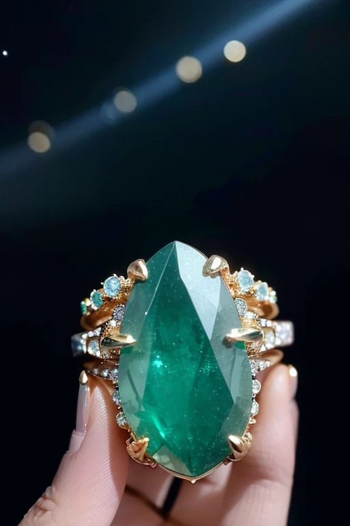 masterpiece，best quality，(Nothing but the ring)，(unmanned),Gold rings in the style of gold dust from characters in Collapse Star Railway，It is embellished with several small emerald-colored aventurine and other gorgeous gemstones.，Excellent lighting，Master...