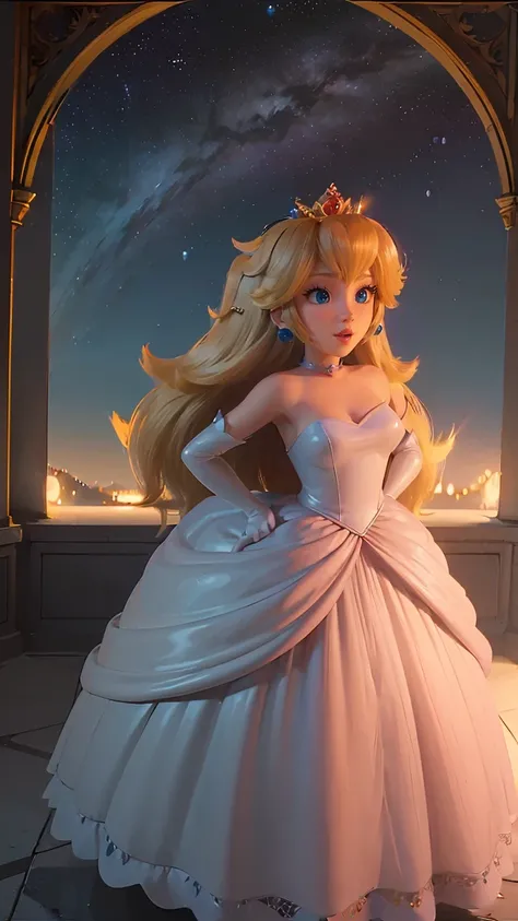 Princesa Peach (Mario Bros), (Ela tem grandes ojos azuis brilhantes), (pele clara), (piel realista), (Labios brillantes y rosados), (((pero largo rubio y liso))), (Las sombras oscuras componen), ((pechos muy enormes, Rosa )), (muslos gruesos), (Cuerpo delg...