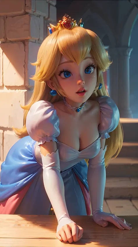 Princesa Peach (Mario Bros), (Ela tem grandes ojos azuis brilhantes), (pele clara), (piel realista), (Labios brillantes y rosados), (((pero largo rubio y liso))), (Las sombras oscuras componen), ((pechos muy enormes, Rosa )), (muslos gruesos), (Cuerpo delg...