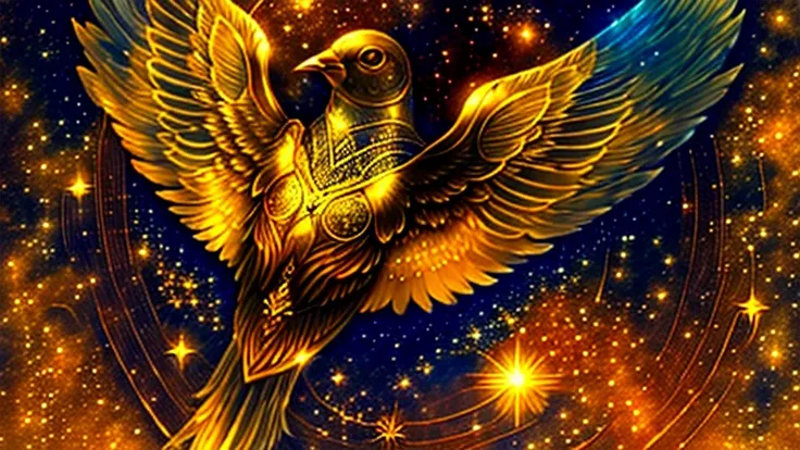 There is a golden bird flying in the sky with the stars, Solarpunk Phoenix, Golden Wings, Phoenix Rise, Mysterious Space Envoy, with fiery Golden Wings, phoenix artwork, Symbol of rebirth, Ophanim has bird wings, phoenix, Phoenix Rise from the ashes, &#39;...