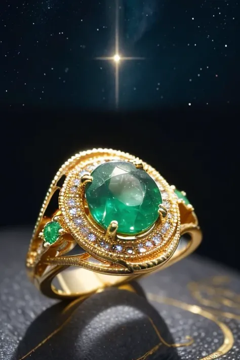 masterpiece，best quality，(unmanned),Gold rings in the style of gold dust from characters in Collapse Star Railway，It is dotted with several small emerald-colored aventurine，The ring is decorated with other gorgeous gemstones，Excellent lighting，Masterpiece，...