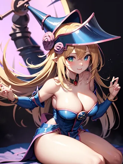 master piece,best quality,ultra detailed,8k,
ambient light,realistic skin,glossy skin,break、
（dark magician girl, duel monster, blush stickers, blonde hair, green eyes, long hair, breasts, blush, bangs, large breasts, hair between eyes, pentacle, pentagram...