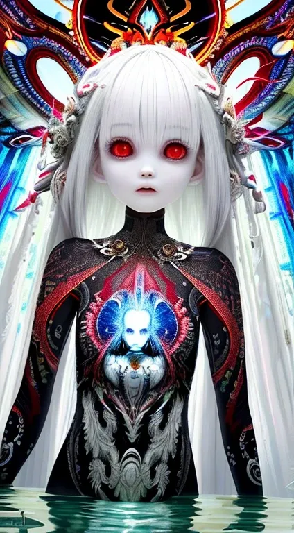 best quality, masterpiece,white hair, red eyes,white clothes, looking up, crawling,hair strand,Fair skin,side braids, DosMix, scream fang, in the lake of a forest, gothic art, psychedelic art, corrupted data, 3 d reflections, pixeled stretching, demon huma...