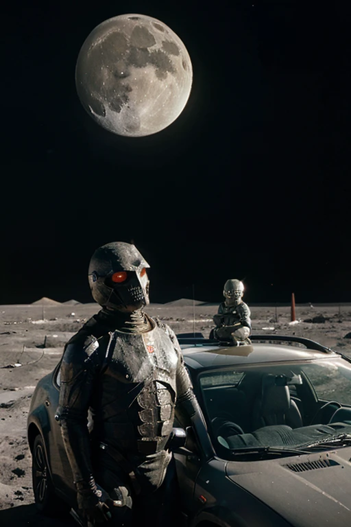 Humanoids on the Moon look at the car with interest, in which drunk reptilians sit.