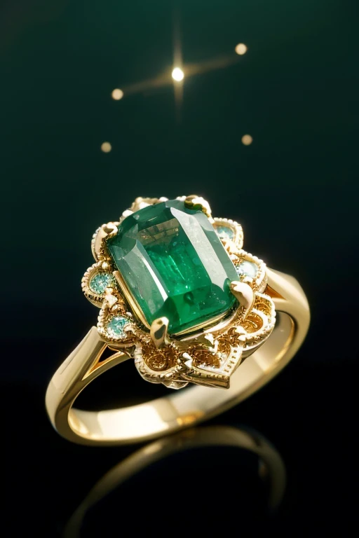 masterpiece，best quality，(unmanned),Gold rings in the style of gold dust from characters in Collapse Star Railway，Shape rules，It is dotted with several small emerald-colored aventurine，The ring is decorated with other gorgeous gemstones，Excellent lighting，...